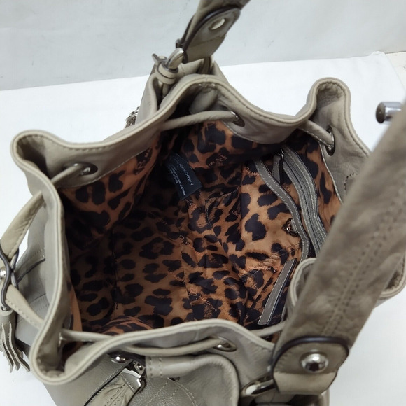 B. Makowsky Gray Leather Drawstring Zipper Pockets Shoulder Bag - Picture 9 of 16